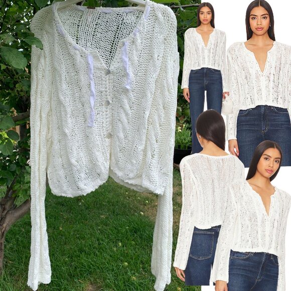FREE PEOPLE Robyn Knit Cropped Cardi, White - Sz M - Picture 1 of 11